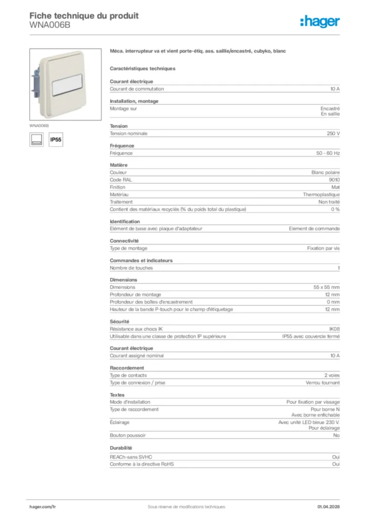 Image Hager Fiche technique du produit WNA006B | Hager France