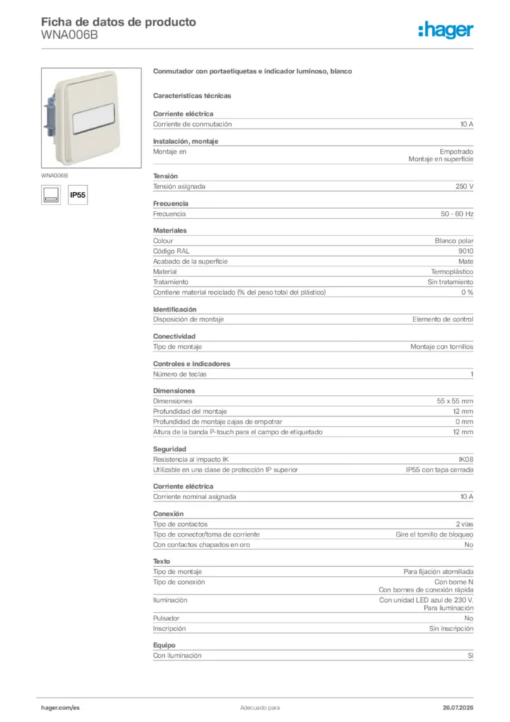 Imagen Hager Ficha de datos de producto WNA006B | Hager España