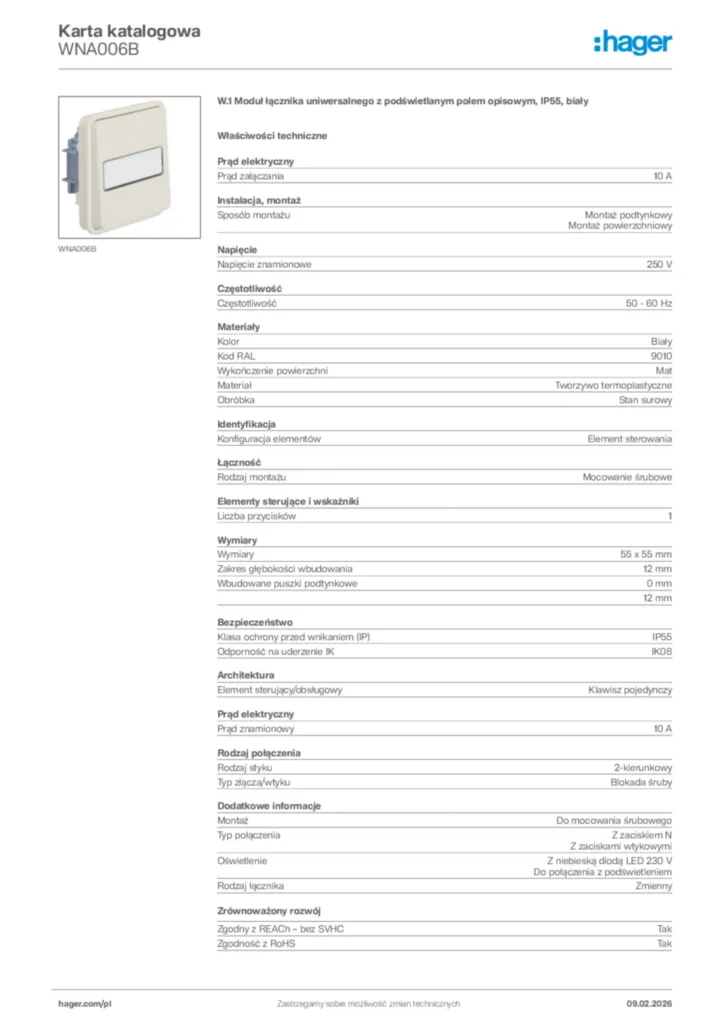 Zdjęcie Hager Karta katalogowa WNA006B | Hager Polska