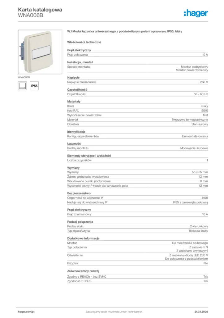 Zdjęcie Hager Karta katalogowa WNA006B | Hager Polska