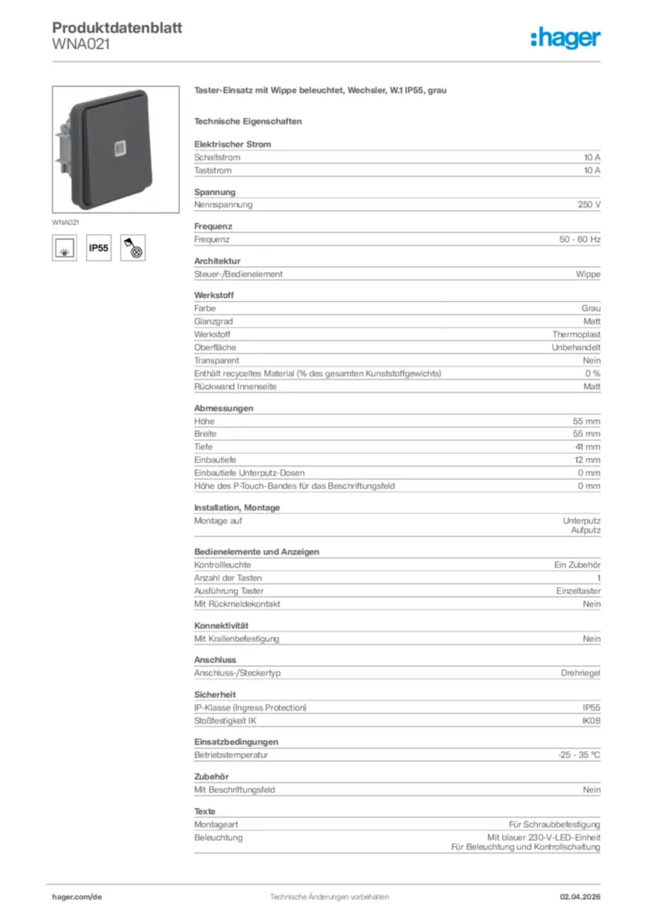 Bild Hager Produktdatenblatt WNA021 | Hager Deutschland