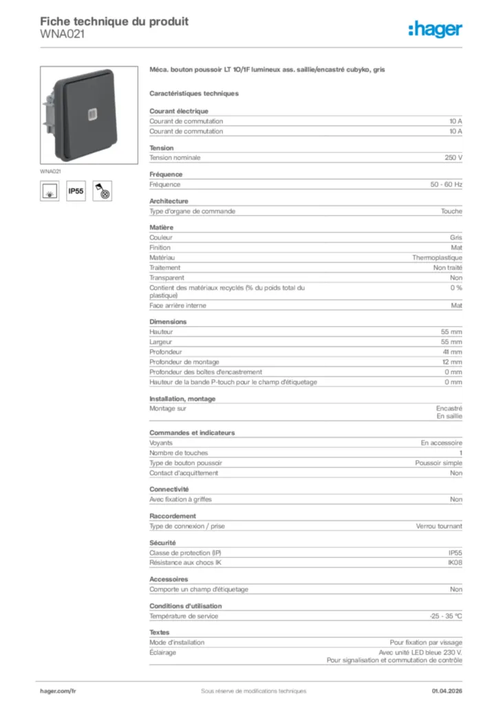 Image Hager Fiche technique du produit WNA021 | Hager France