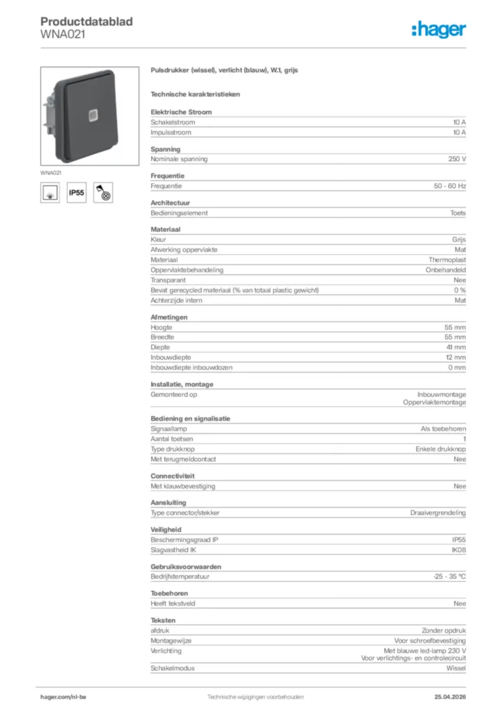 Afbeelding Hager Productdatablad WNA021 | Hager Belgium