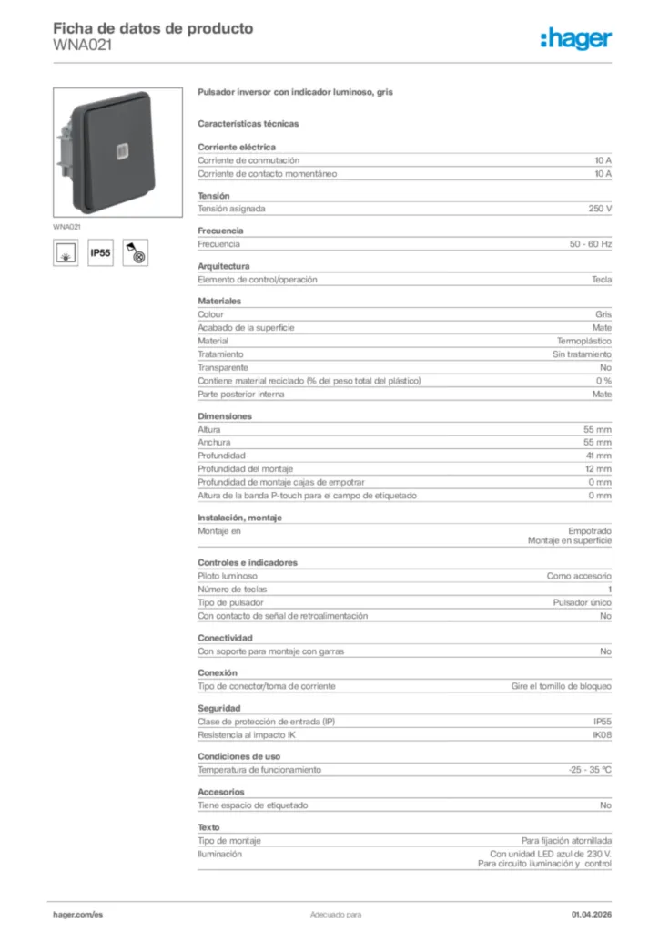 Imagen Hager Ficha de datos de producto WNA021 | Hager España