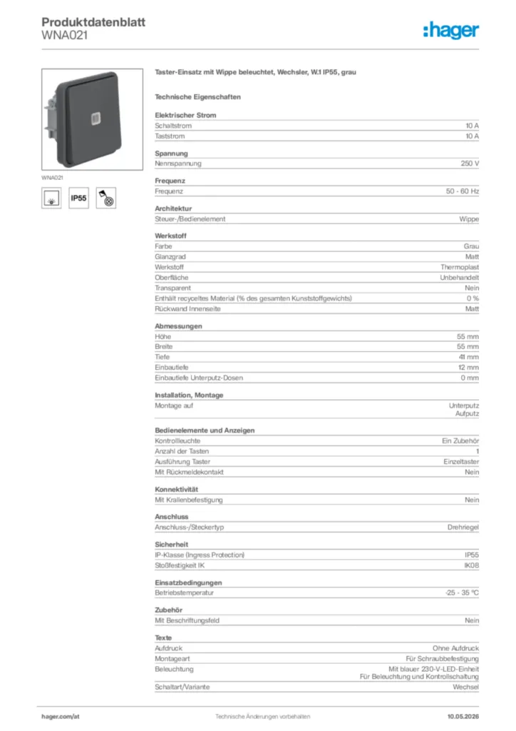 Bild Hager Produktdatenblatt WNA021 | Hager Deutschland