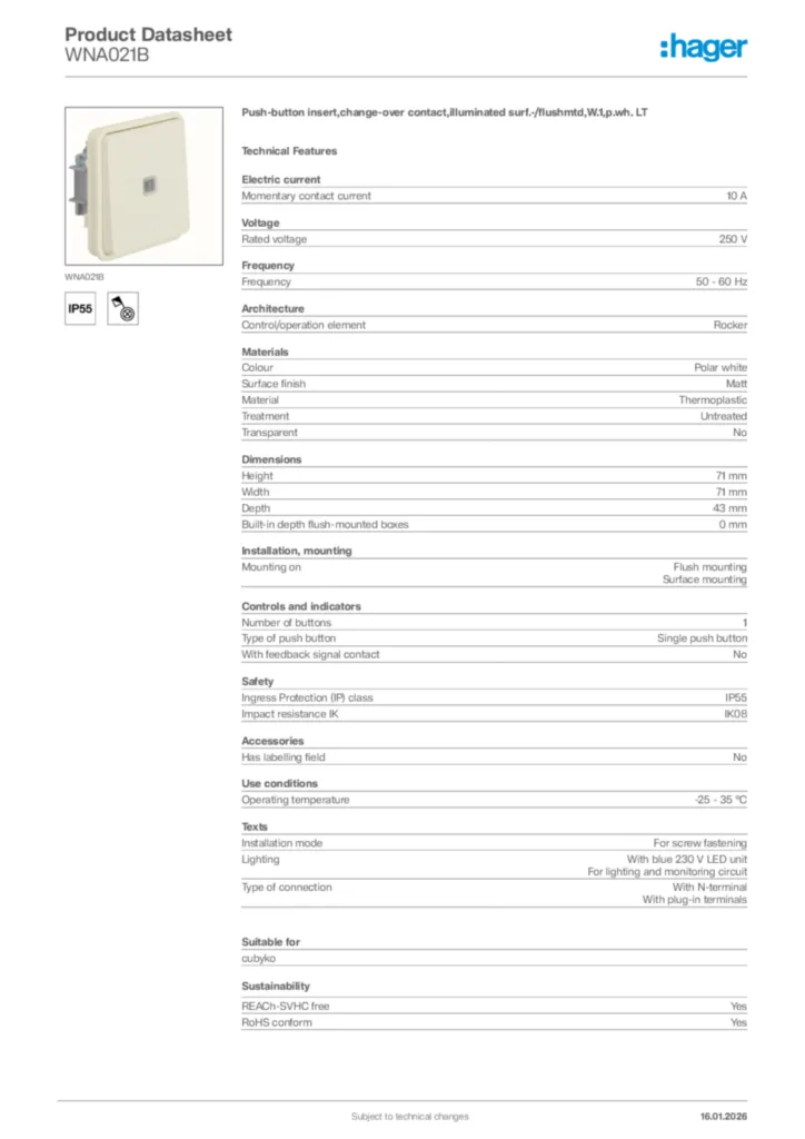 Image Hager Product data sheet WNA021B  | Hager Africa