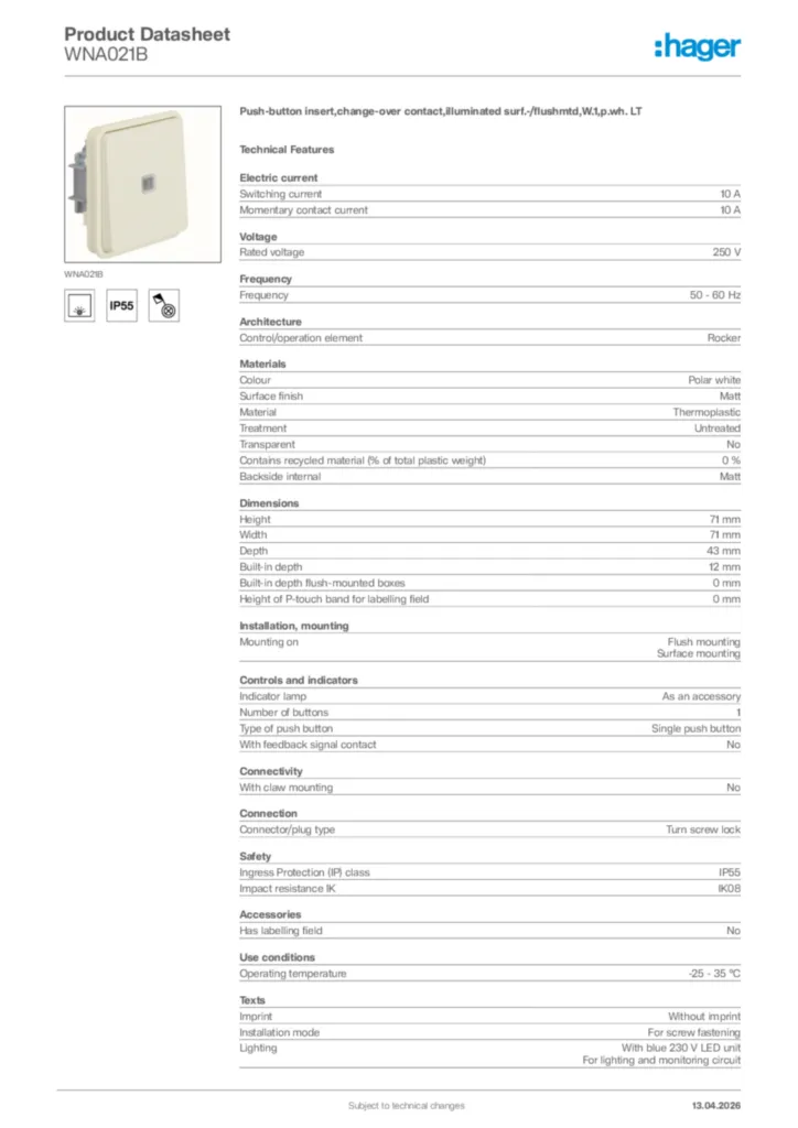 Image Hager Product data sheet WNA021B  | Hager Africa