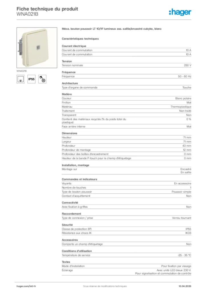 Image Hager Fiche technique du produit WNA021B | Hager Afrique