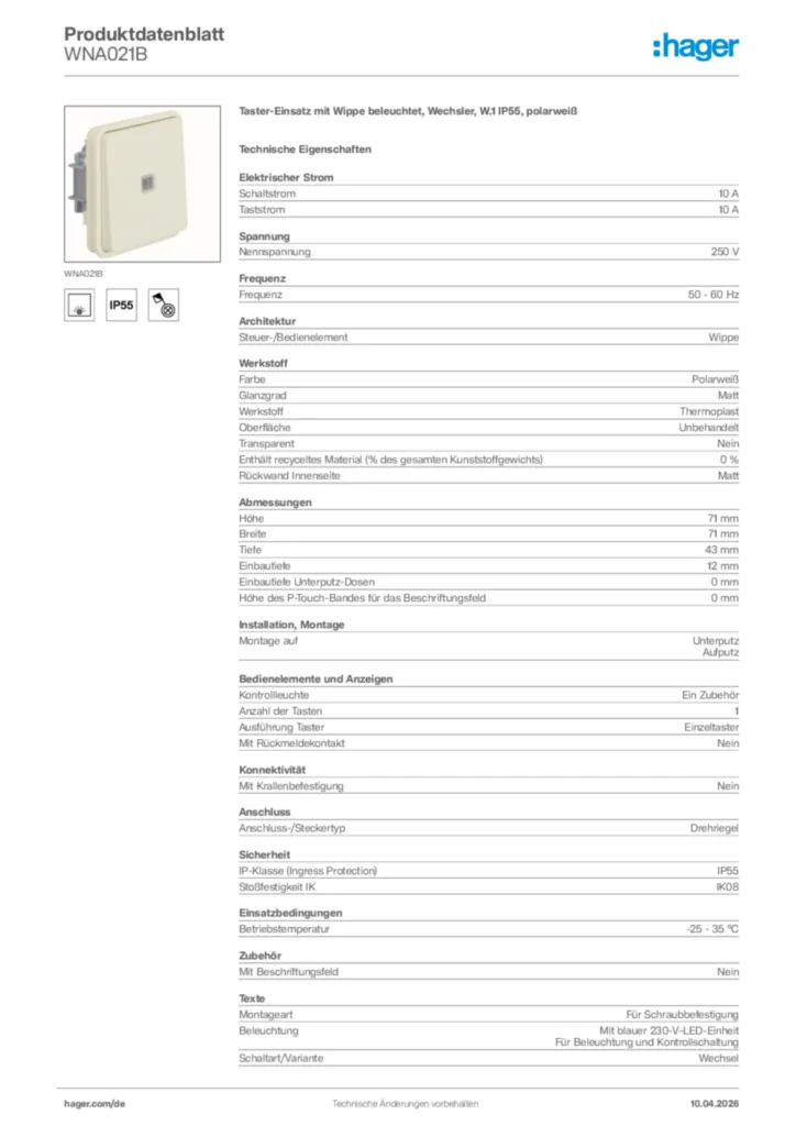 Bild Hager Produktdatenblatt WNA021B | Hager Deutschland
