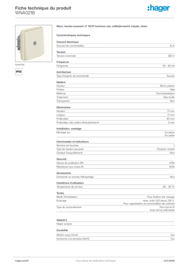 Image Hager Fiche technique du produit WNA021B | Hager France