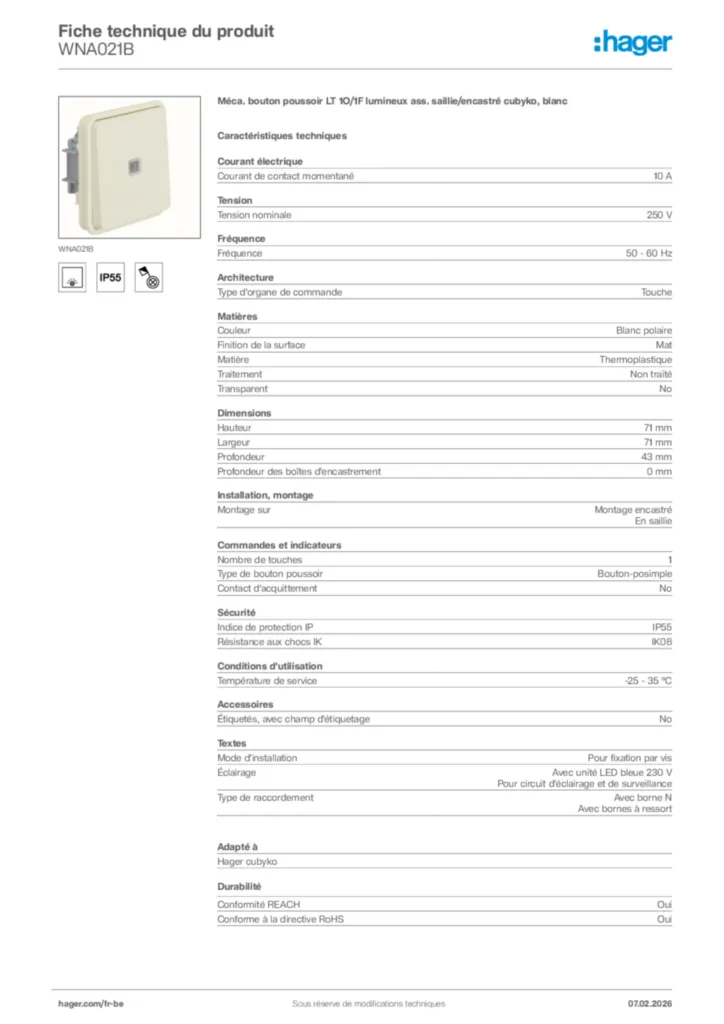 Image Hager Fiche technique du produit WNA021B | Hager Belgique