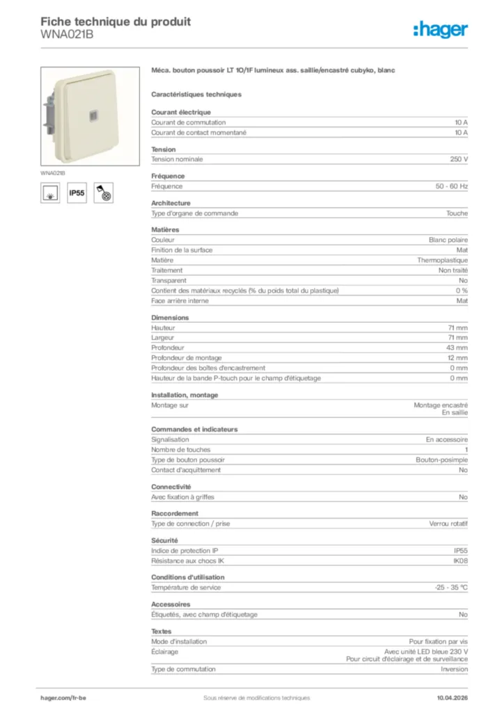 Image Hager Fiche technique du produit WNA021B | Hager Belgique