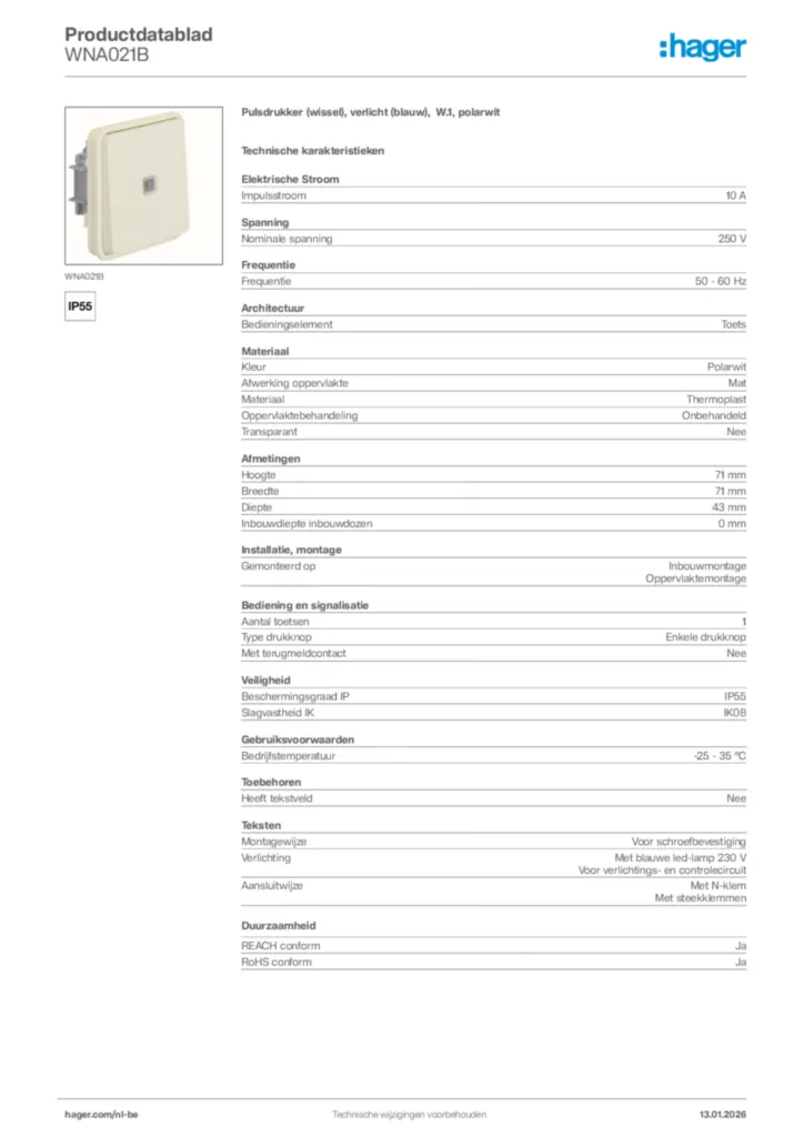 Afbeelding Hager Productdatablad WNA021B | Hager Belgium