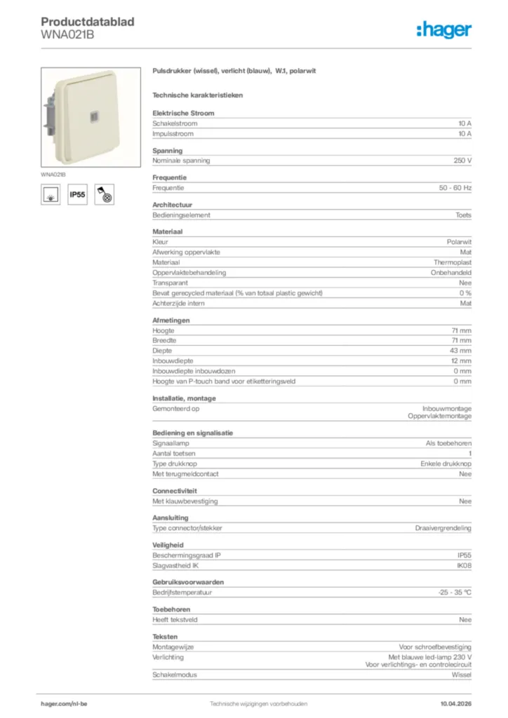 Afbeelding Hager Productdatablad WNA021B | Hager Belgium