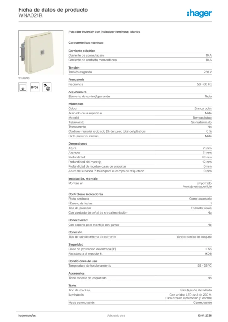 Imagen Hager Ficha de datos de producto WNA021B | Hager España