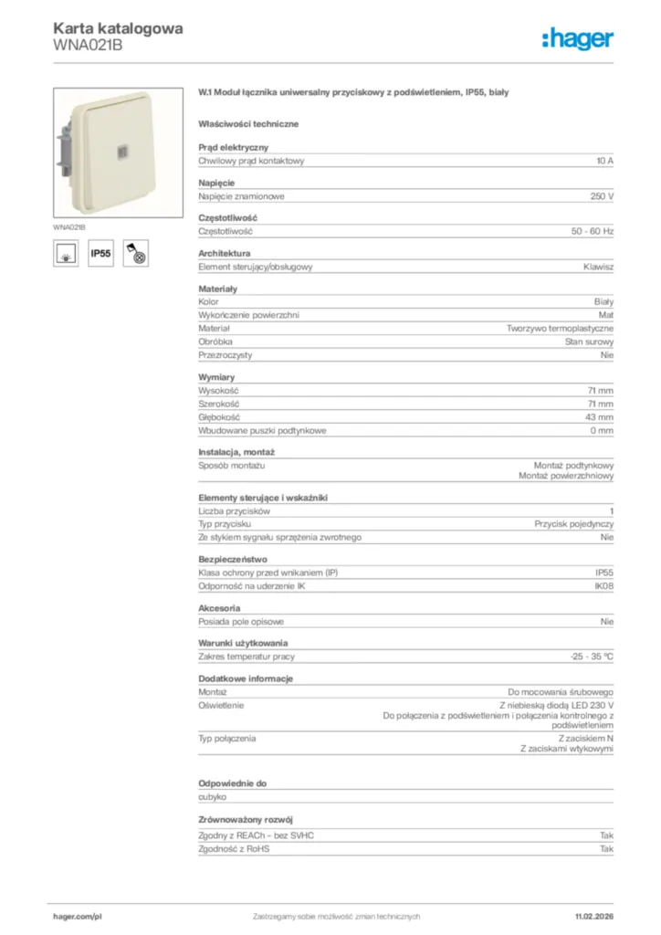 Zdjęcie Hager Karta katalogowa WNA021B | Hager Polska