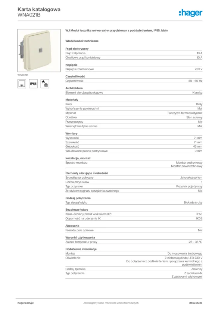 Zdjęcie Hager Karta katalogowa WNA021B | Hager Polska