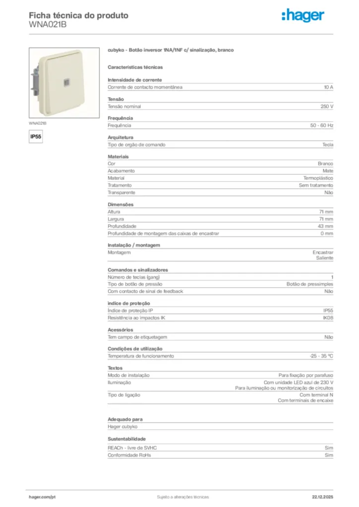 Imagem Hager Ficha técnica do produto WNA021B | Hager Portugal
