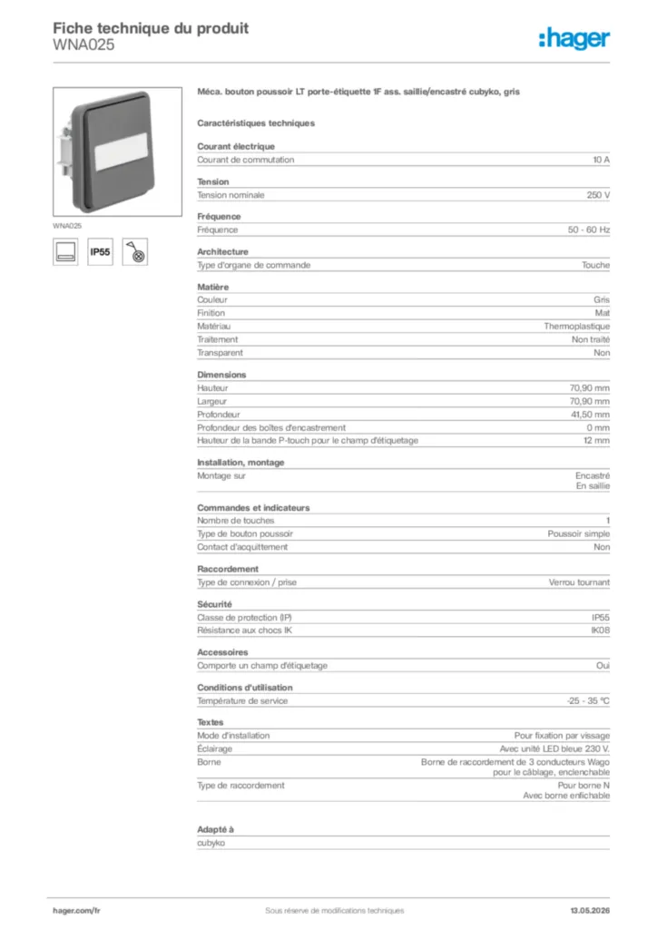 Image Hager Fiche technique du produit WNA025 | Hager France