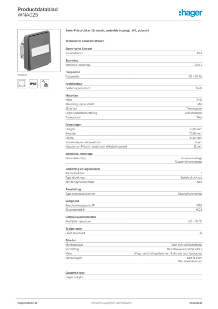 Afbeelding Hager Productdatablad WNA025 | Hager Belgium