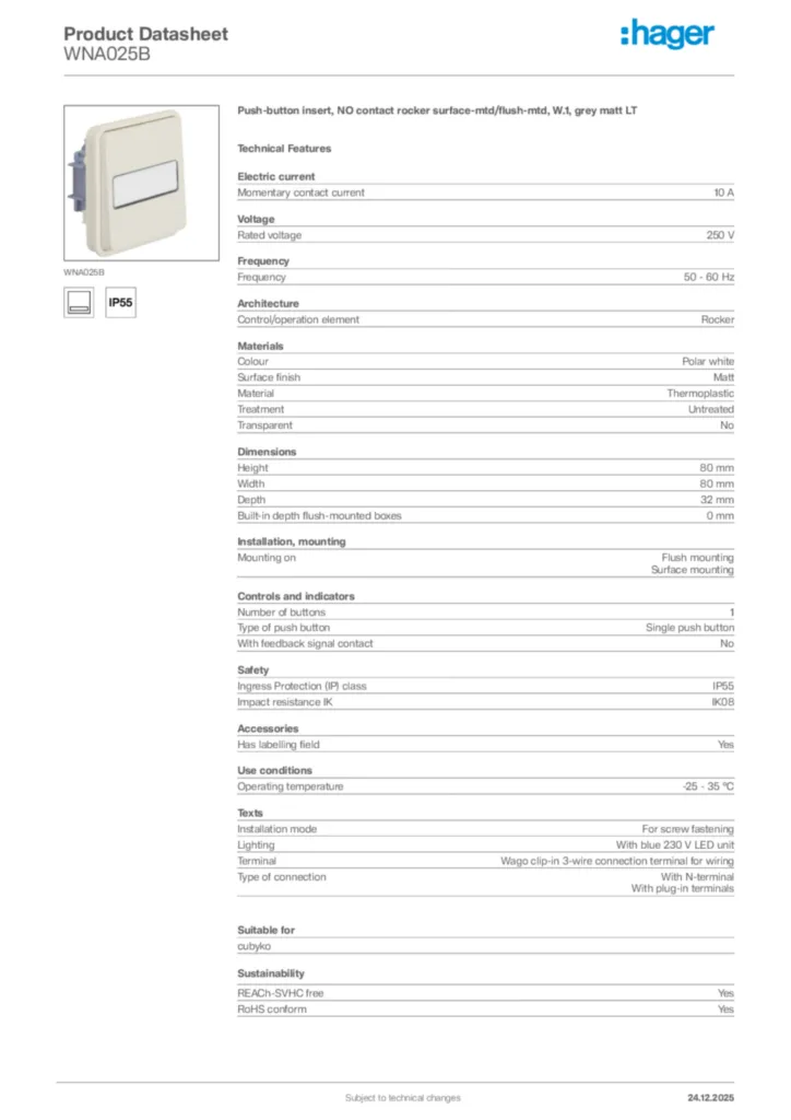 Image Hager Product data sheet WNA025B  | Hager Africa