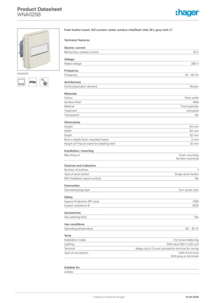Image Hager Product data sheet WNA025B  | Hager Africa