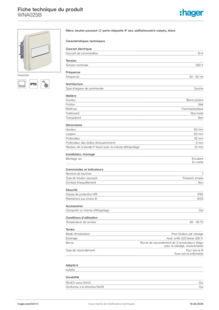 Image Hager Fiche technique du produit WNA025B | Hager Afrique