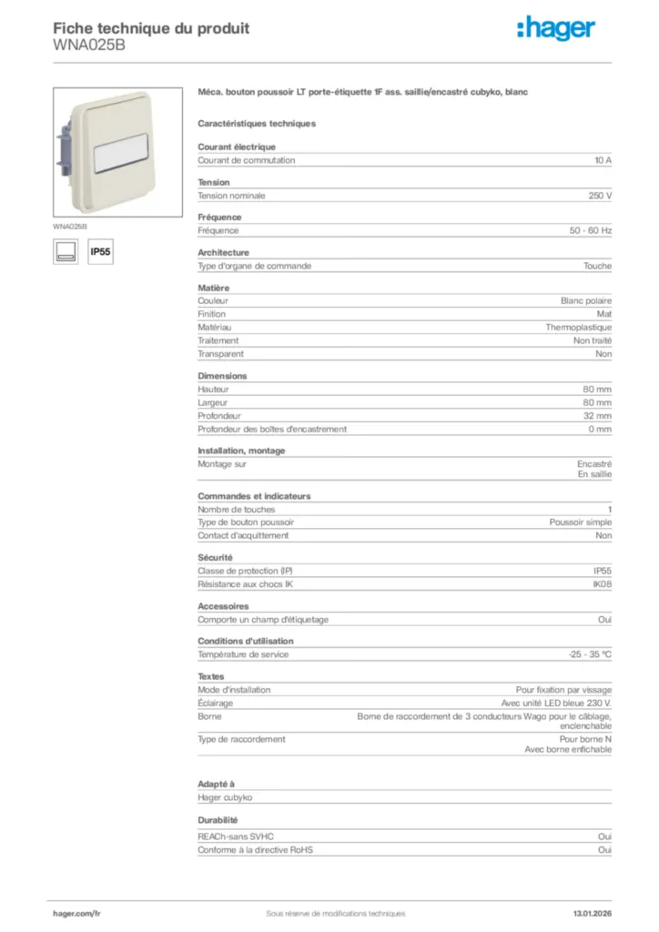 Image Hager Fiche technique du produit WNA025B | Hager France