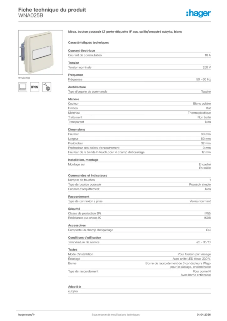 Image Hager Fiche technique du produit WNA025B | Hager France
