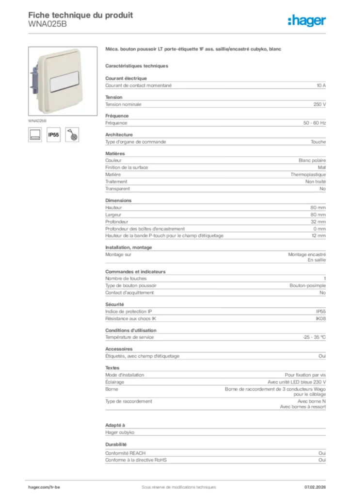 Image Hager Fiche technique du produit WNA025B | Hager Belgique