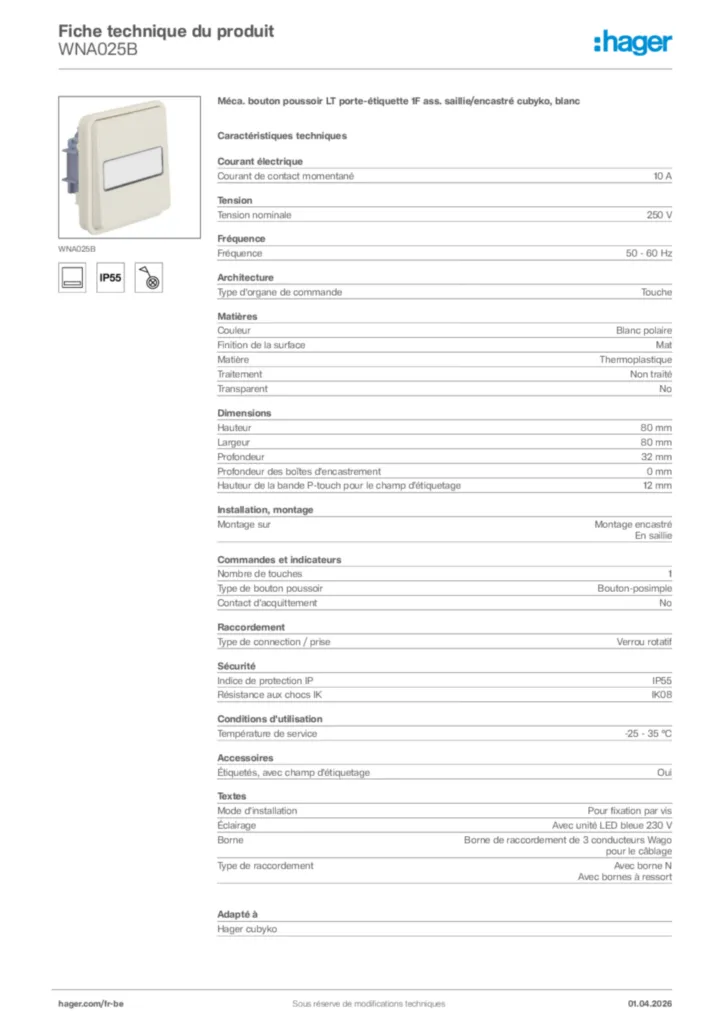 Image Hager Fiche technique du produit WNA025B | Hager Belgique