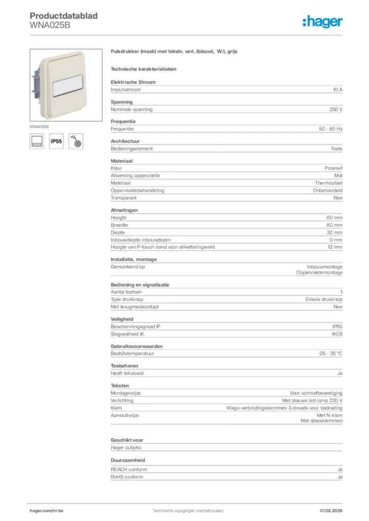 Afbeelding Hager Productdatablad WNA025B | Hager Belgium