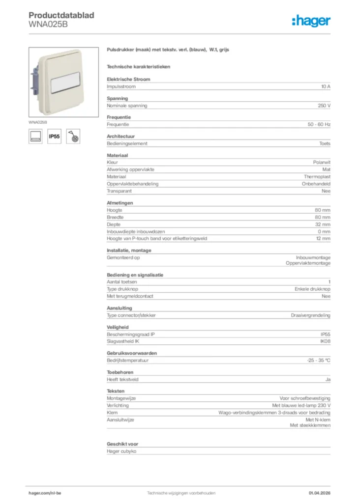 Afbeelding Hager Productdatablad WNA025B | Hager Belgium