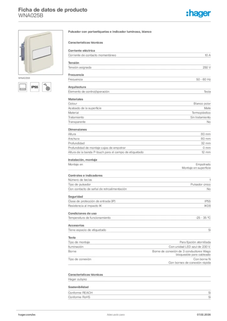Imagen Hager Ficha de datos de producto WNA025B | Hager España