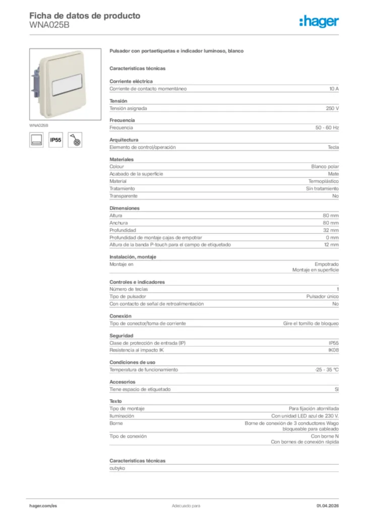 Imagen Hager Ficha de datos de producto WNA025B | Hager España