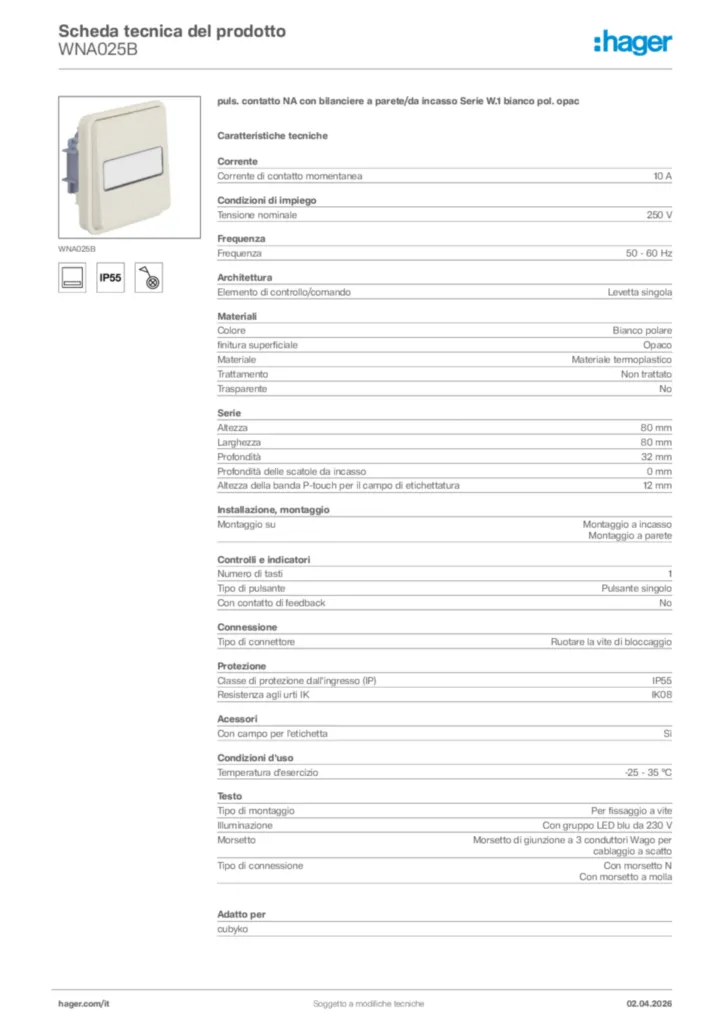Immagine Hager Scheda tecnica del prodotto WNA025B | Hager Italia
