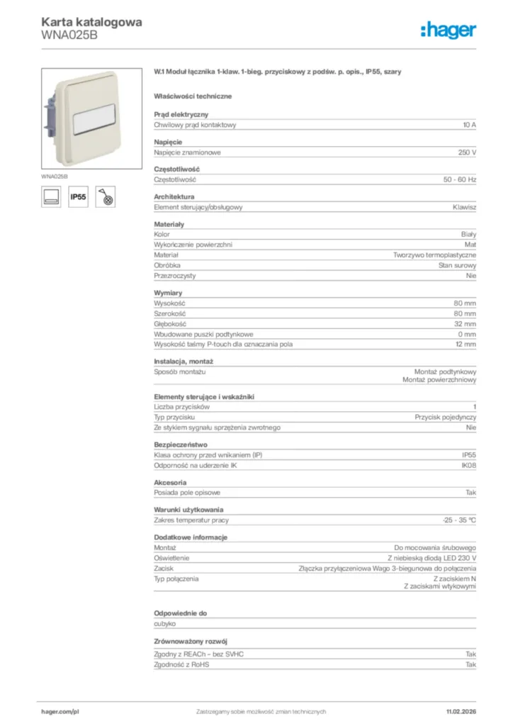 Zdjęcie Hager Karta katalogowa WNA025B | Hager Polska