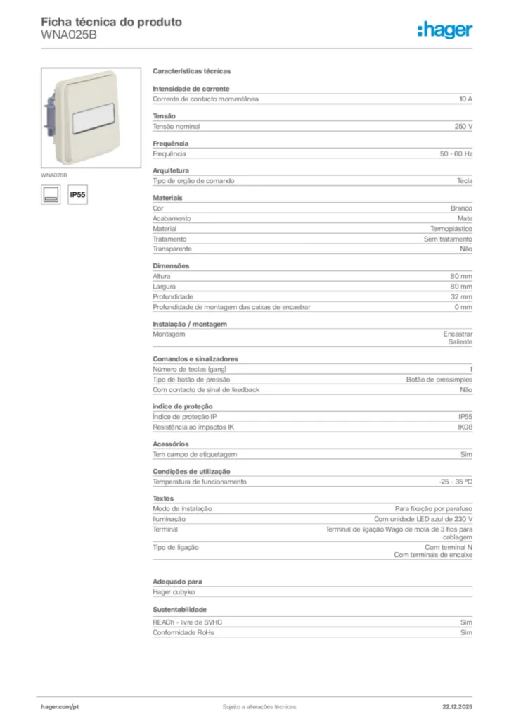 Imagem Hager Ficha técnica do produto WNA025B | Hager Portugal