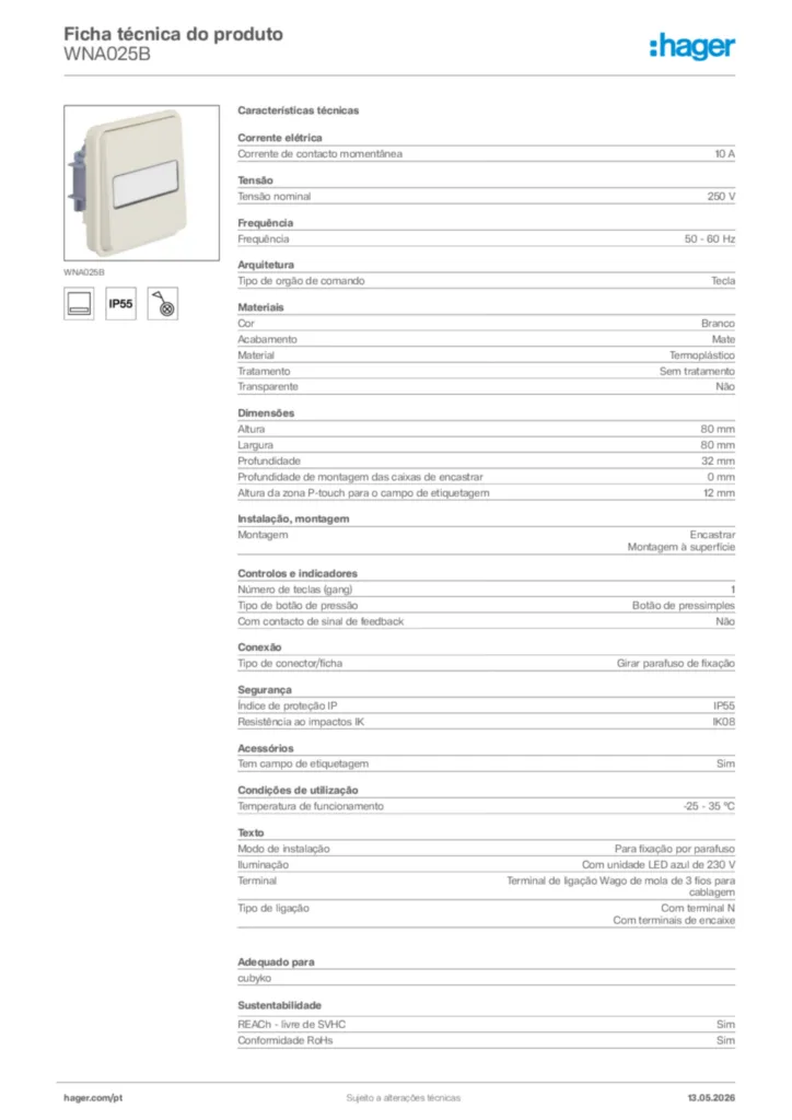 Imagem Hager Ficha técnica do produto WNA025B | Hager Portugal