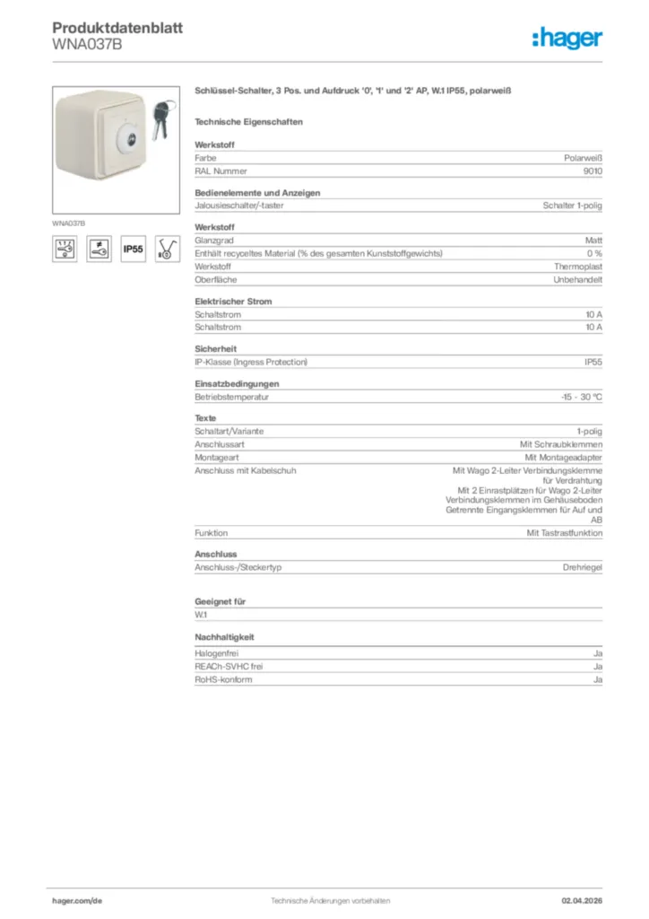 Bild Hager Produktdatenblatt WNA037B | Hager Deutschland