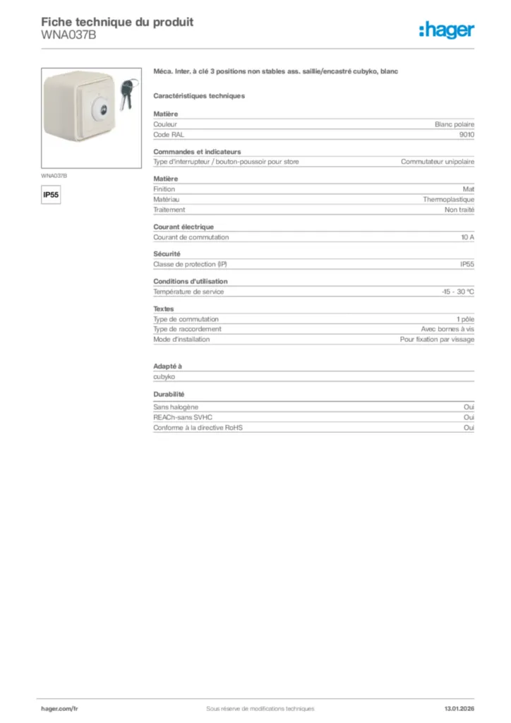 Image Hager Fiche technique du produit WNA037B | Hager France