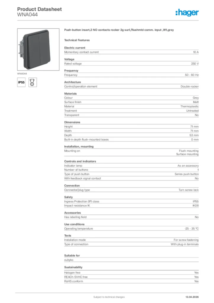 Image Hager Product data sheet WNA044  | Hager Africa