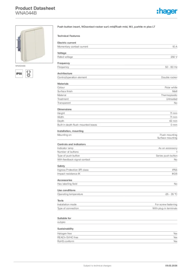 Image Hager Product data sheet WNA044B  | Hager Africa