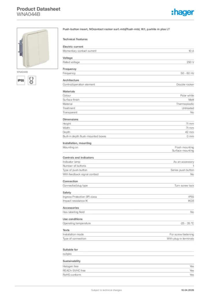Image Hager Product data sheet WNA044B  | Hager Africa
