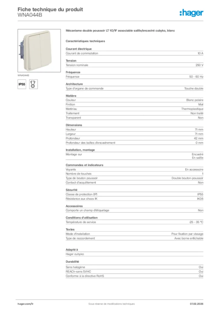 Image Hager Fiche technique du produit WNA044B | Hager France