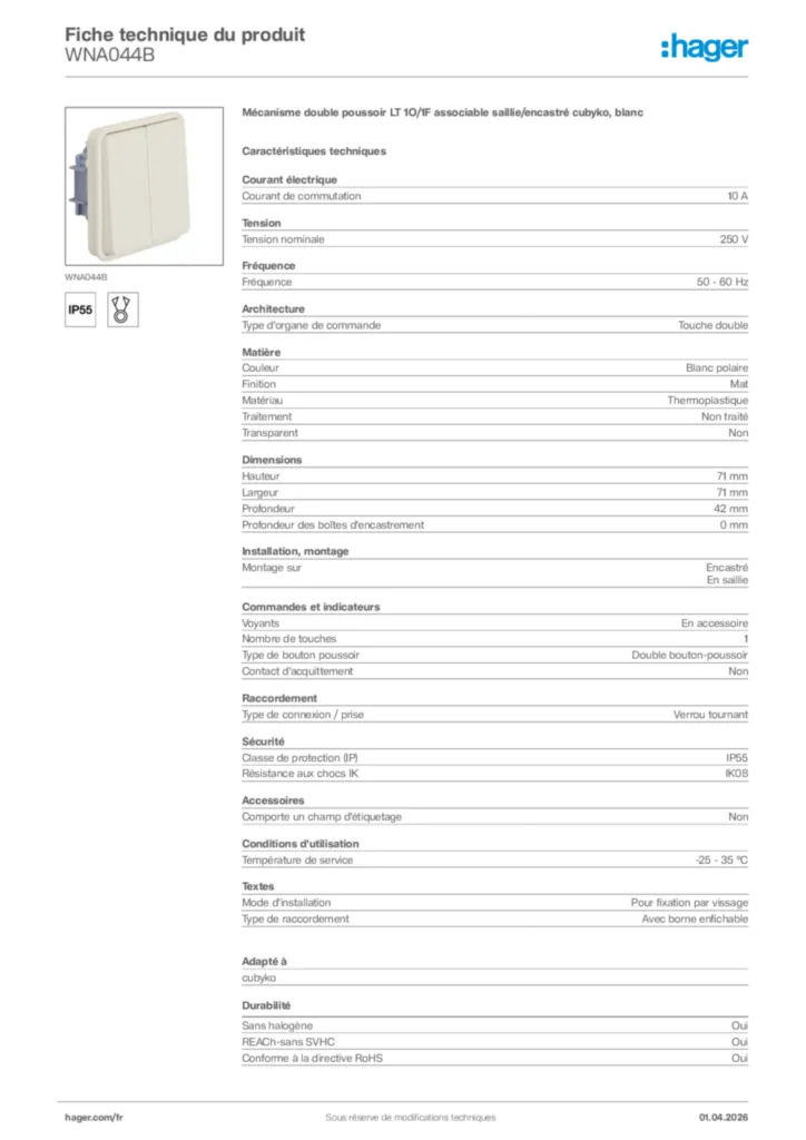 Image Hager Fiche technique du produit WNA044B | Hager France