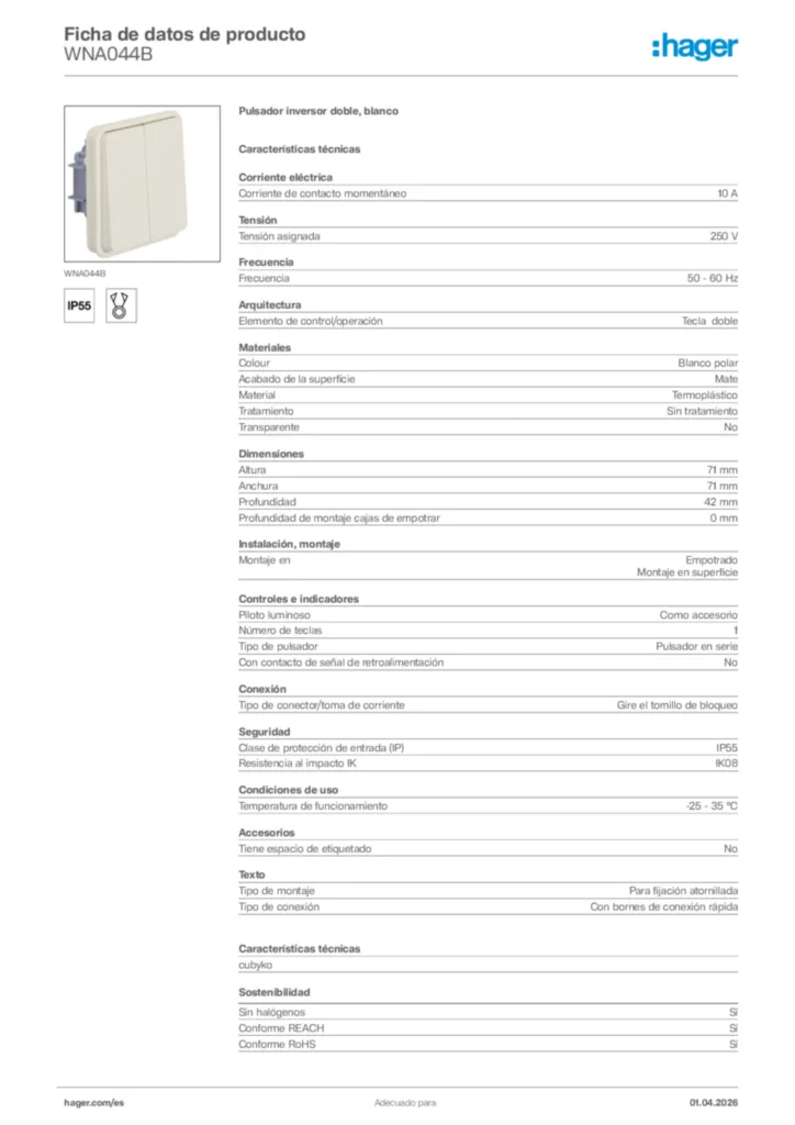 Imagen Hager Ficha de datos de producto WNA044B | Hager España