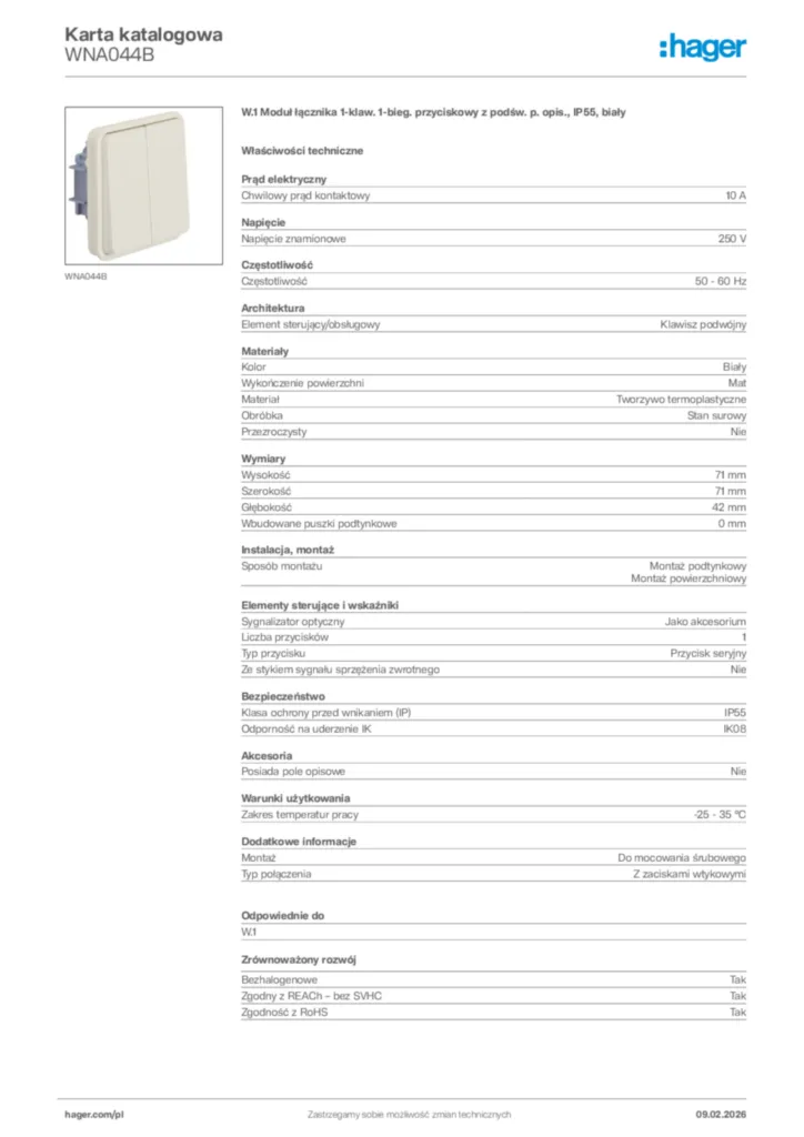 Zdjęcie Hager Karta katalogowa WNA044B | Hager Polska