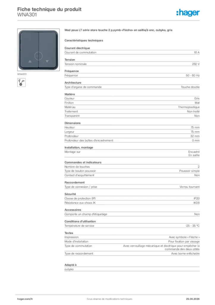 Image Hager Fiche technique du produit WNA301 | Hager France