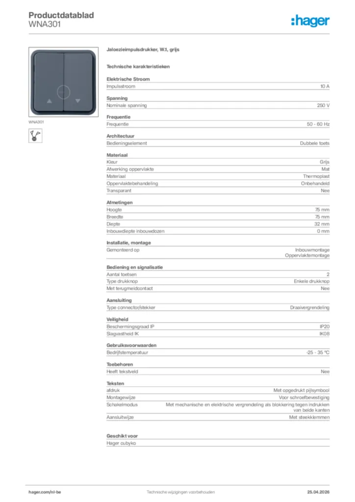 Afbeelding Hager Productdatablad WNA301 | Hager Belgium